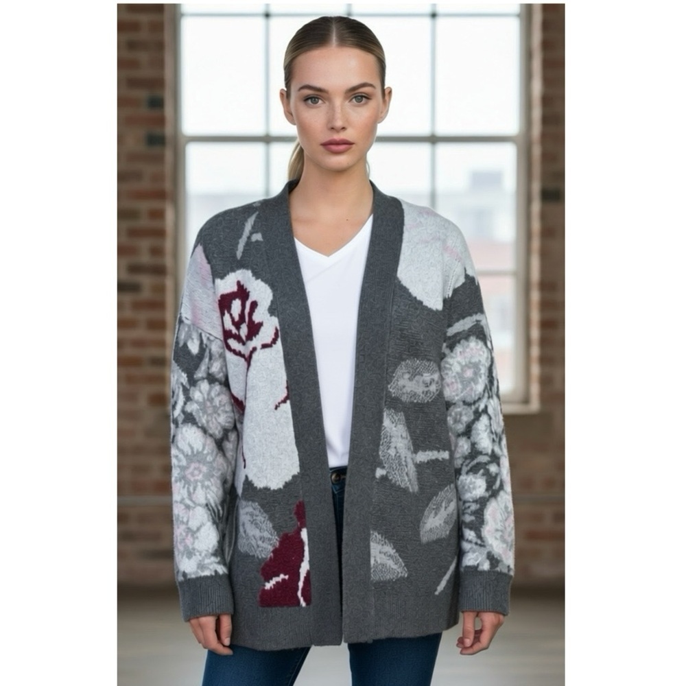 Rachel Zoe Oversized Floral Intarsia Womens Cardigan Gray Sz Large Heavy Sweater